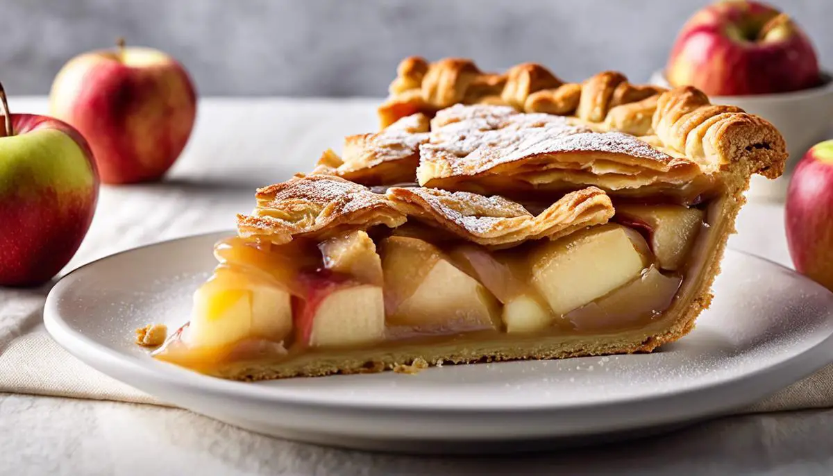 A delicious European apple pie with a flaky crust and a dollop of crème fraiche on top