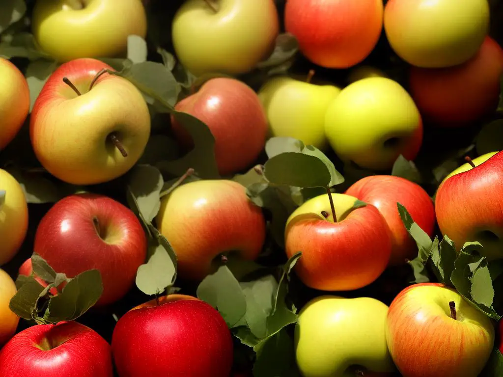 Close-up photo of EverCrisp apples, showing their vibrant red and yellow colors