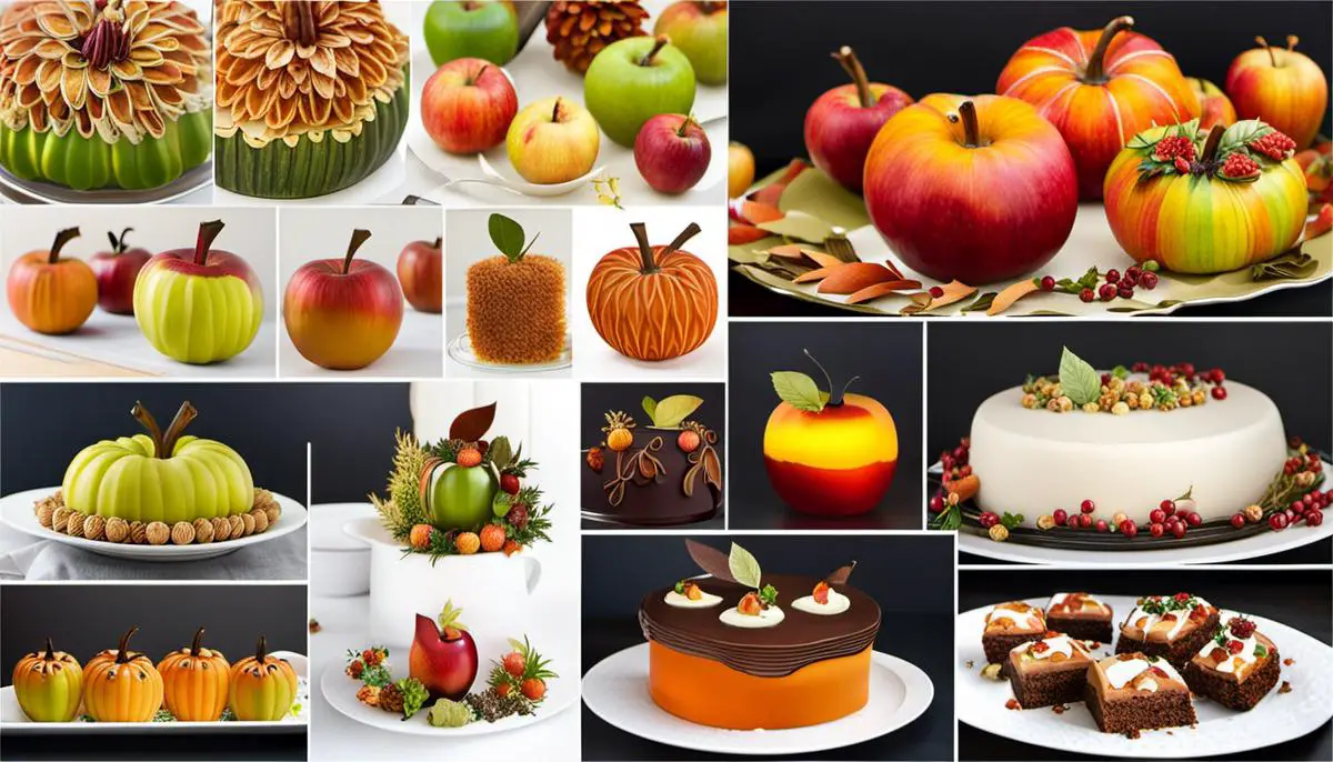 A variety of fall-inspired dishes and decorations made with apples.