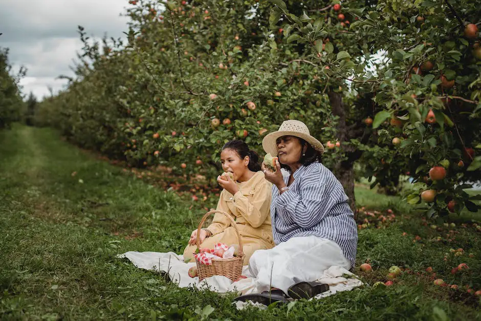 A joyful family picking apples in an orchard, surrounded by colorful autumn leaves