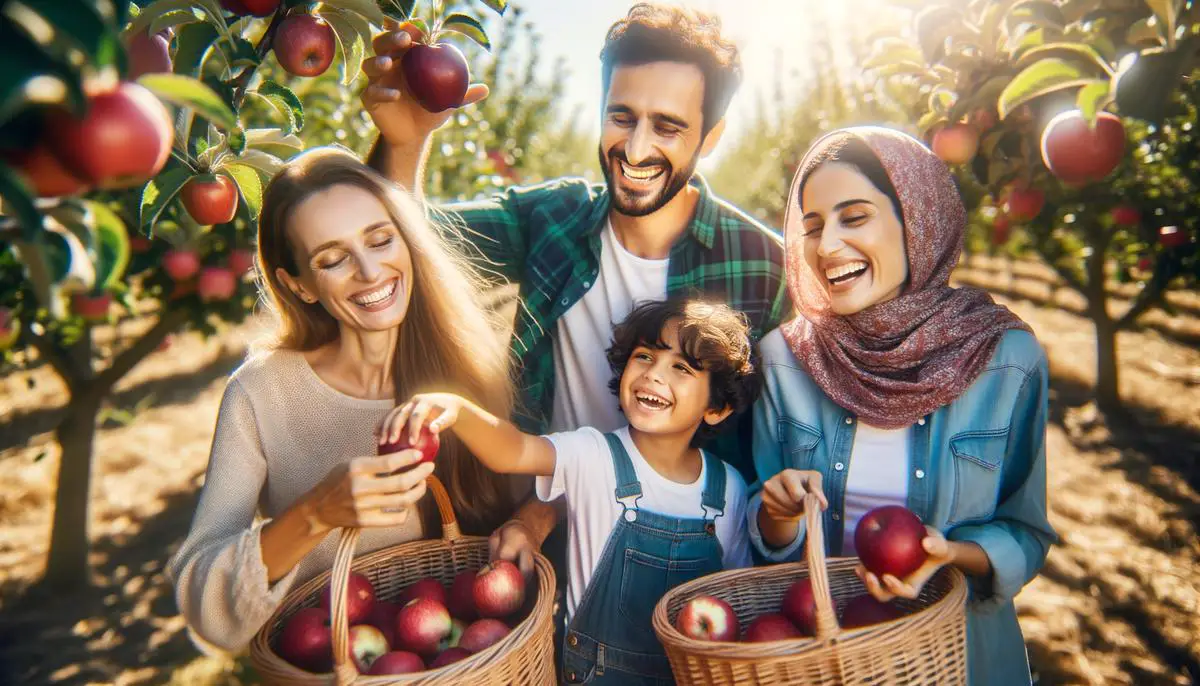 Happy diverse family picking apples together in an orchard