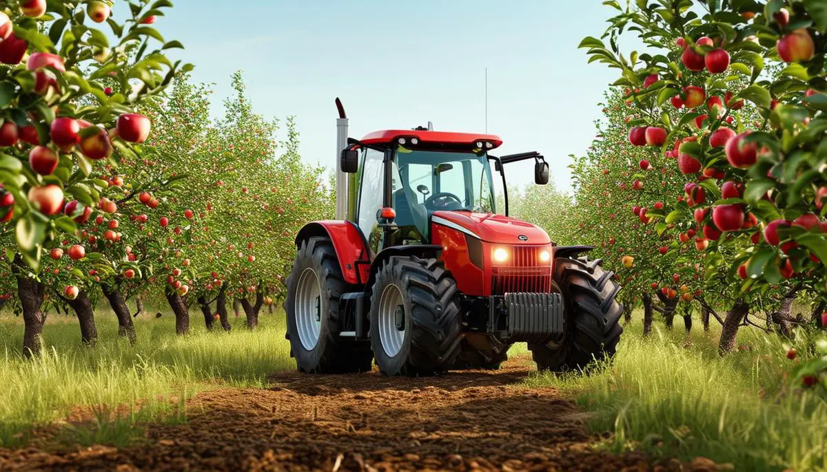 A new tractor in an apple orchard with a 'financed' tag attached to it