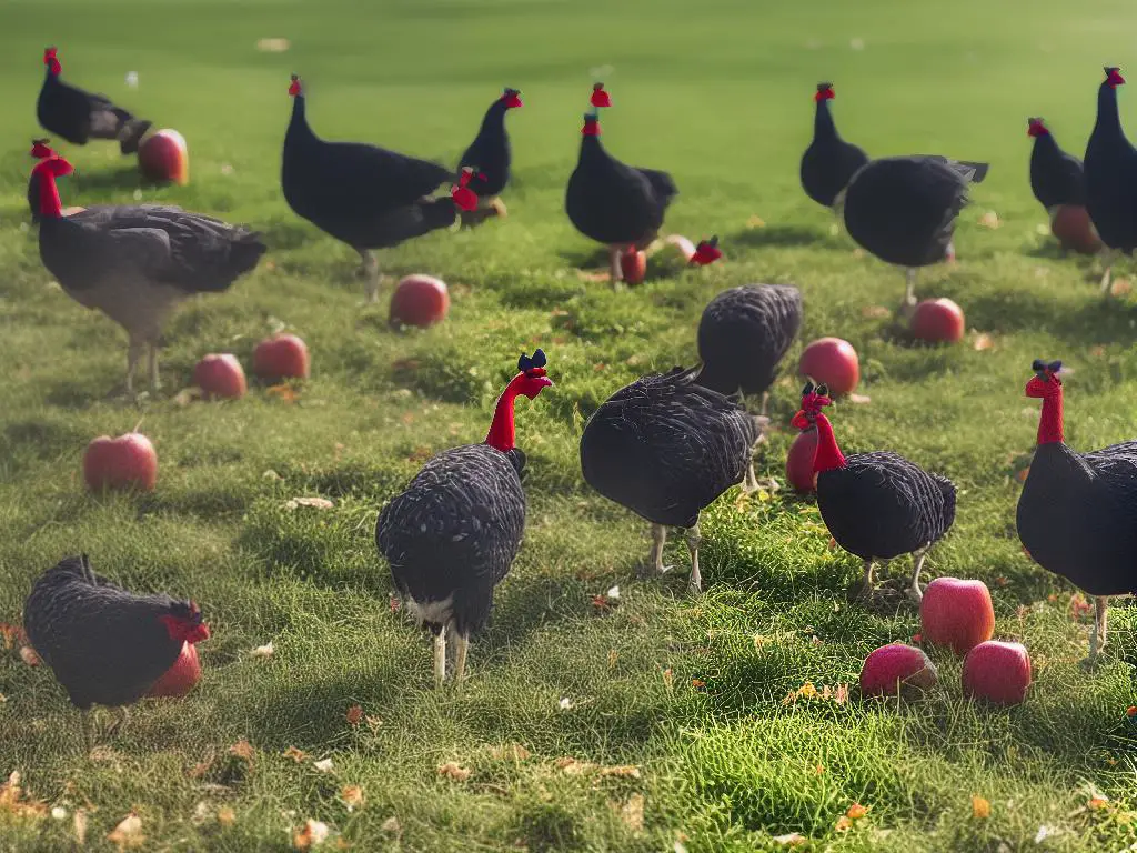 A picture of turkeys happily pecking at apples on the ground.