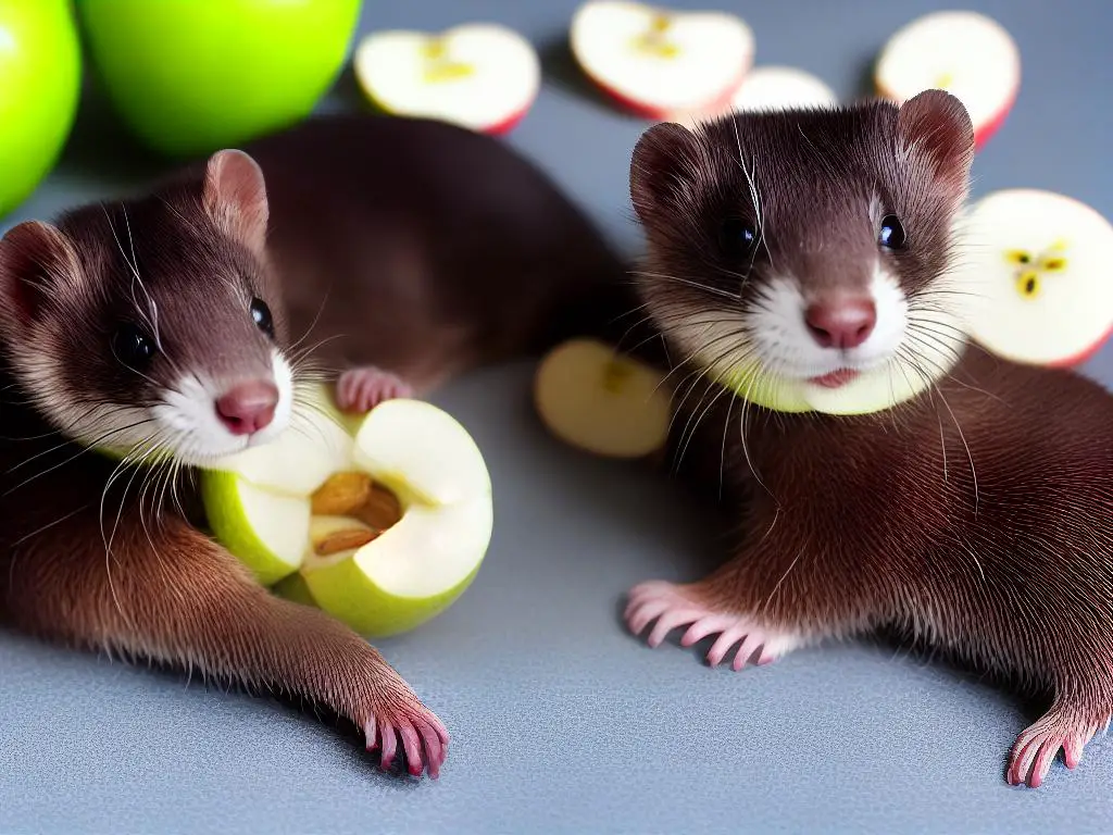 A picture of a ferret in a cage eating small bite-sized pieces of apple from a dish.