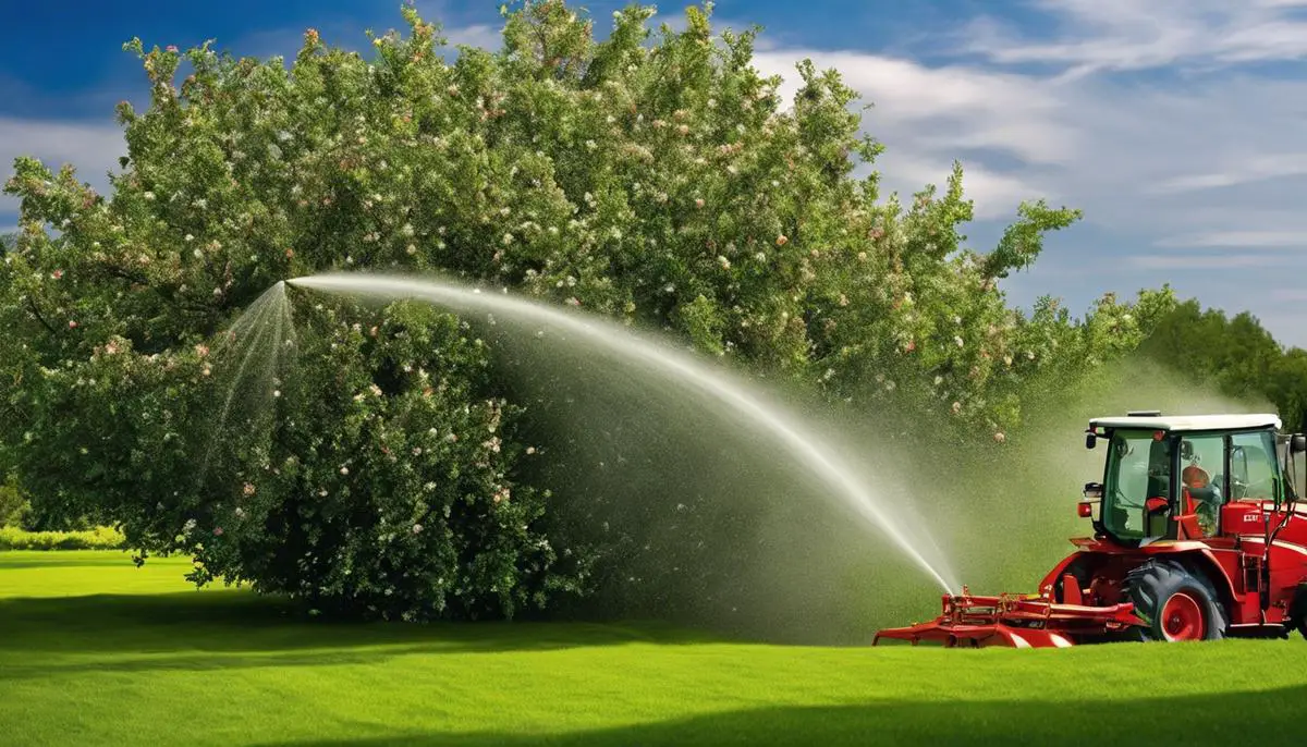 An image illustrating granular slow-release fertilizer being applied to an apple tree.