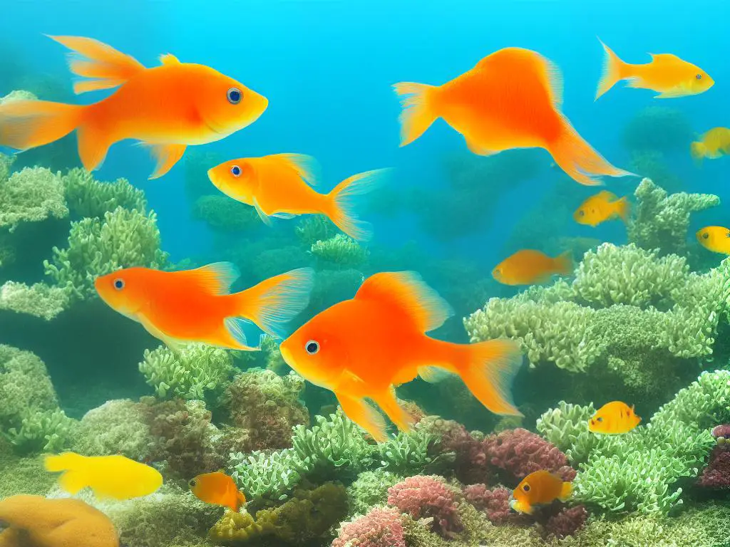 A cartoon image of a goldfish swimming happily near apple slices on the surface of the water.