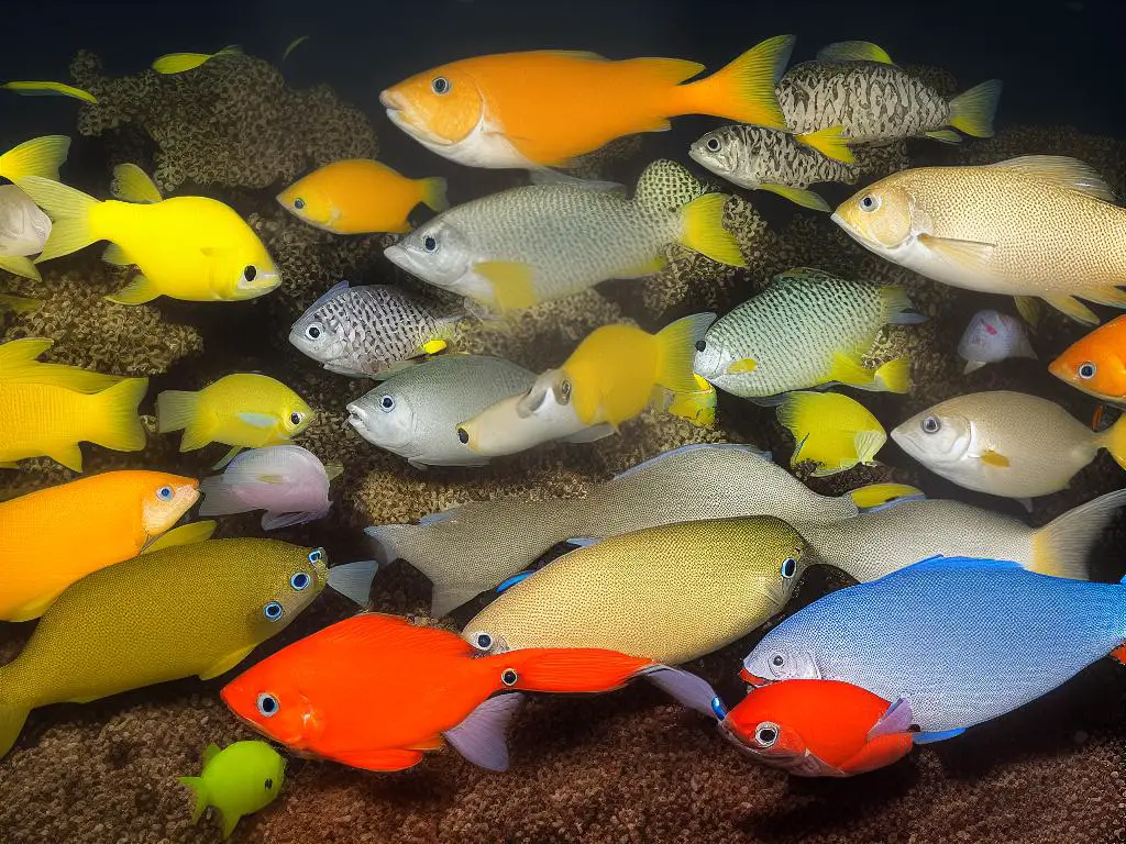 A picture of various fish with a diagram showing the different nutrients they require for proper health and growth.