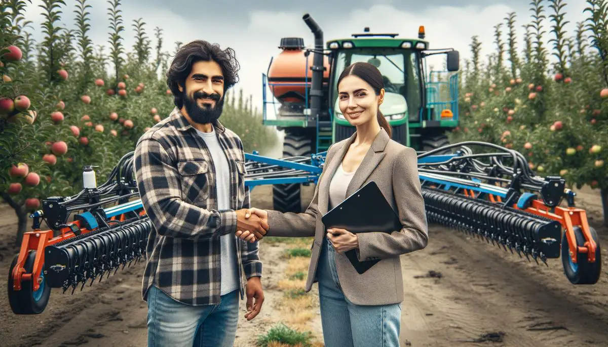 A farmer shaking hands with a lender in front of new orchard equipment