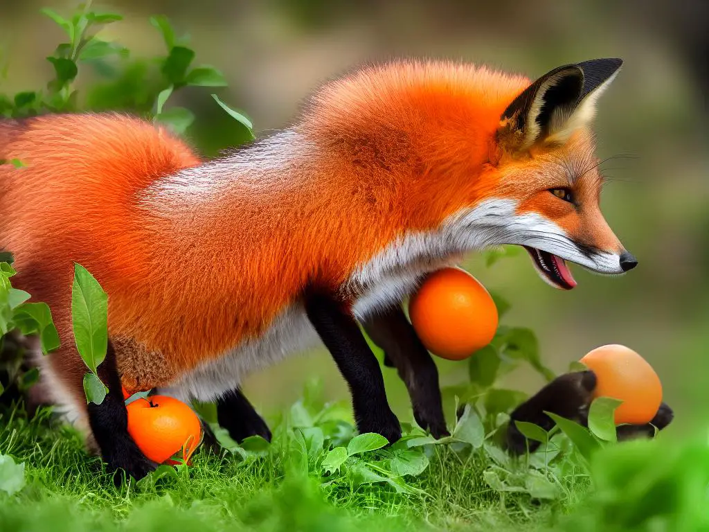 A picture of a fox eating an apple from a tree with orange leaves in the background.