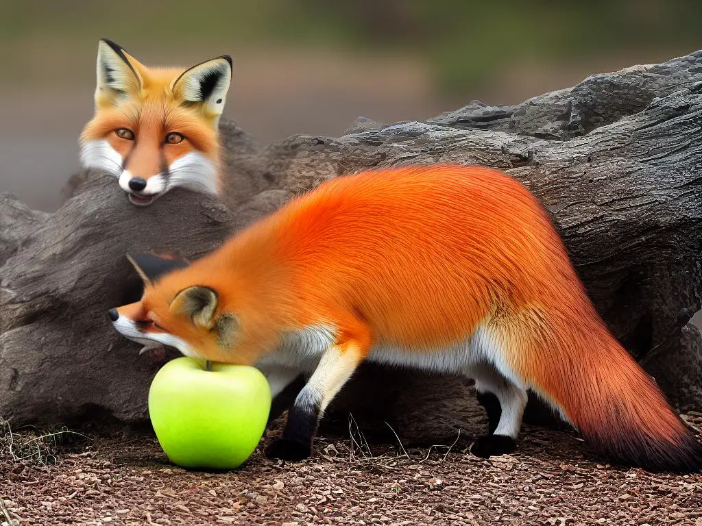 A picture of a fox eating an apple. Even though foxes are typically known as carnivorous animals, they are actually omnivores and have the ability to consume plants like fruits.