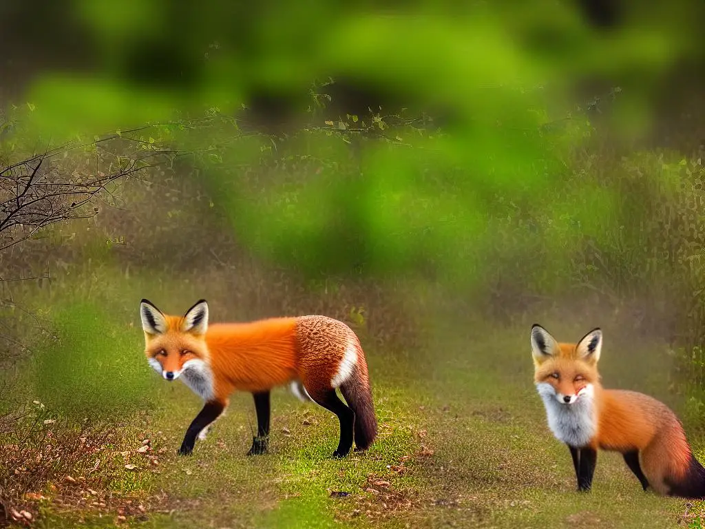 A picture of a fox in the forest with trees in the background and leaves on the ground. The fox has orange fur and is looking alert.