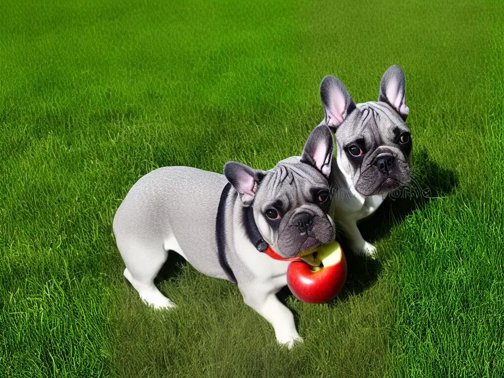 A French Bulldog sitting in green grass and eating a red apple.