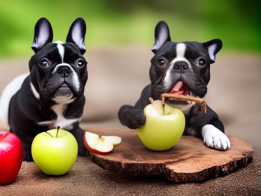 A cartoon French Bulldog happily eating an apple slice with an apple core and seeds crossed out.