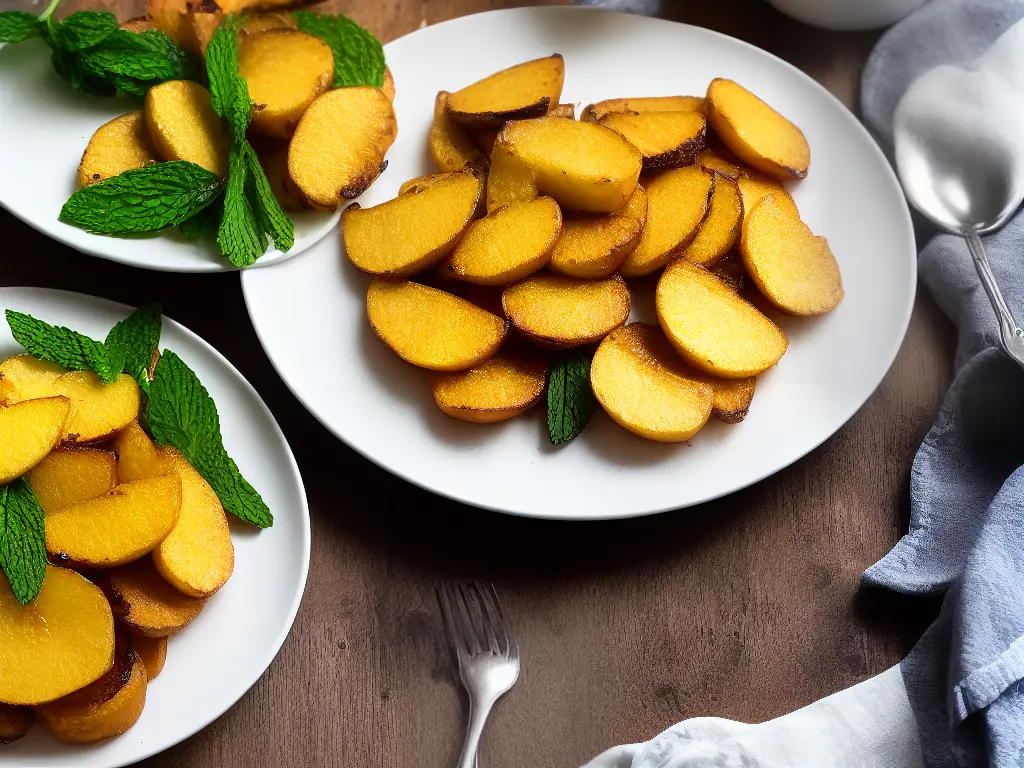 A white plate with golden brown Aldi fried apples arranged in a circular fashion, garnished with a mint leaf, and a dusting of powdered sugar. The plate is set on a table with a glass of apple cider and a fork.