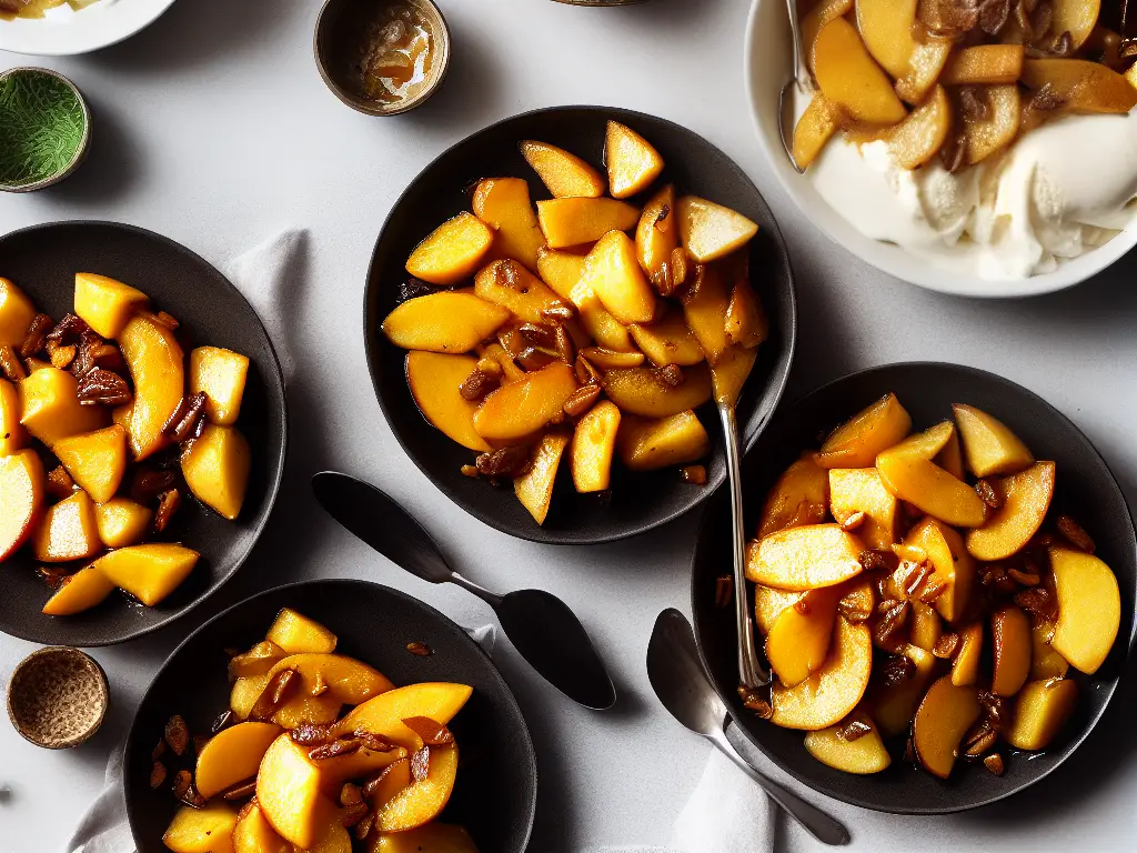 A plate of warm, caramelized apples with a scoop of vanilla ice cream on top.