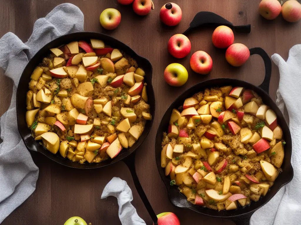 Illustration of a skillet with apples sautéing in butter with cinnamon sticks and spices beside it.