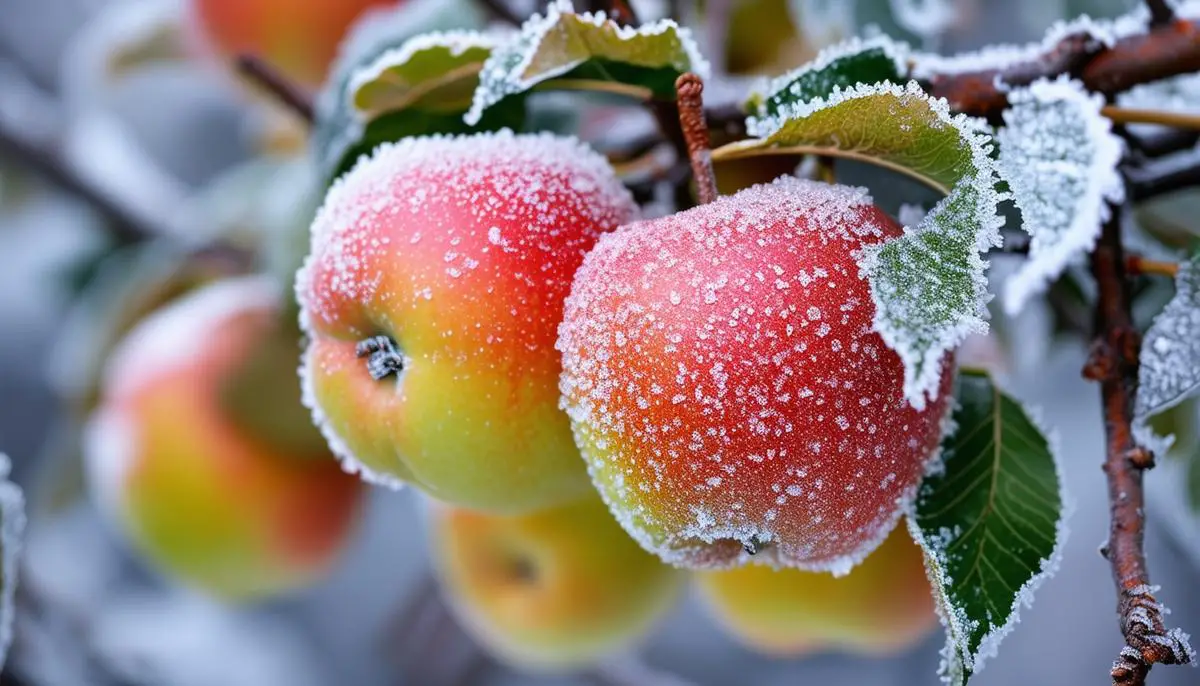 Close-up of frost-covered apples still on the tree branch