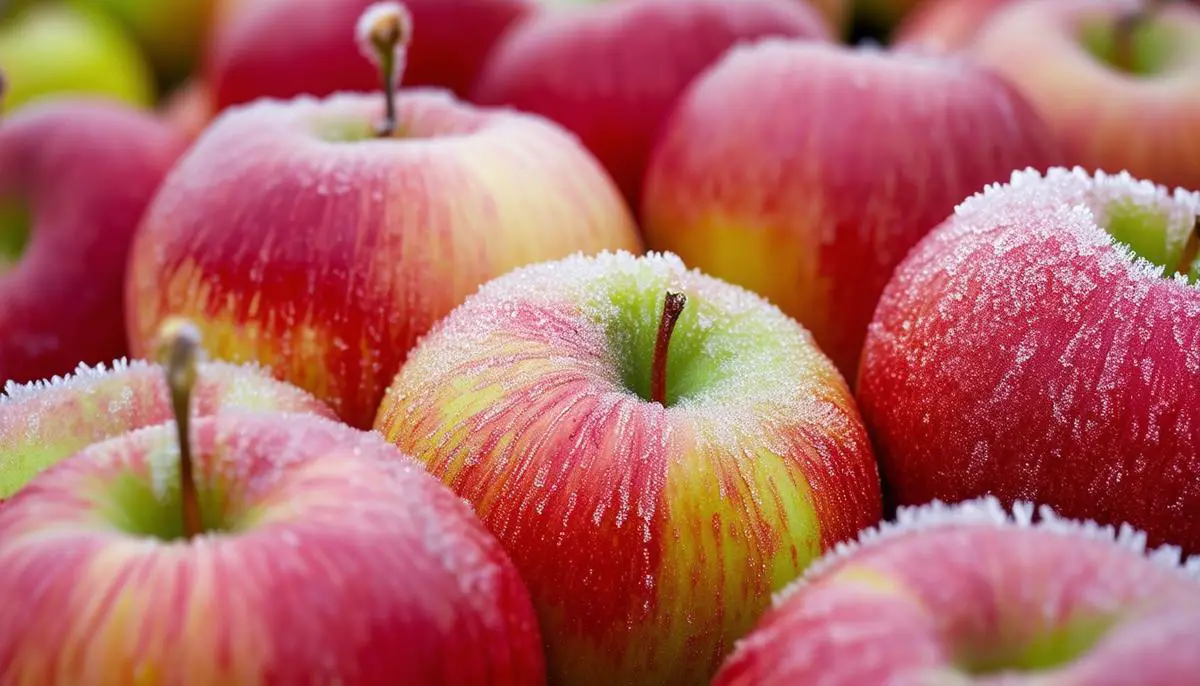 Close-up of apples with visible frost rings, showing the impact of spring frosts on apple quality