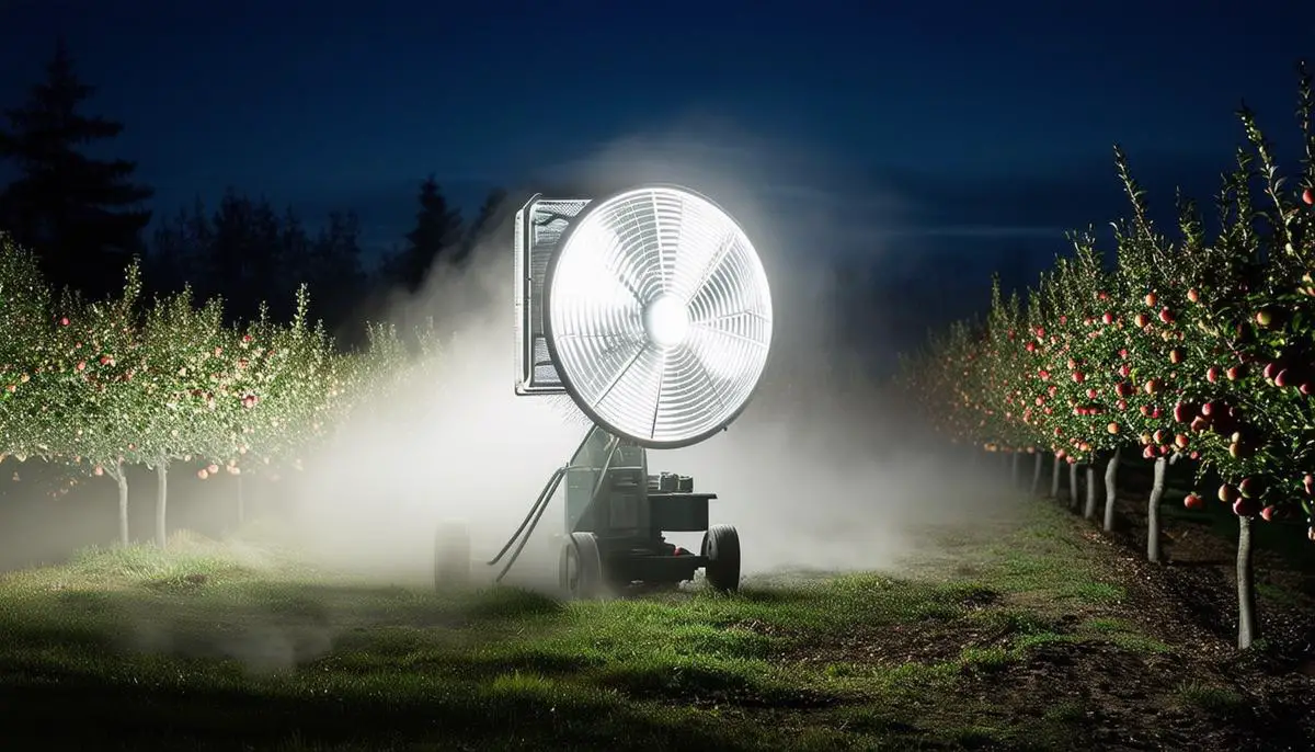 A large frost fan operating in an apple orchard at night, with mist visible in the air