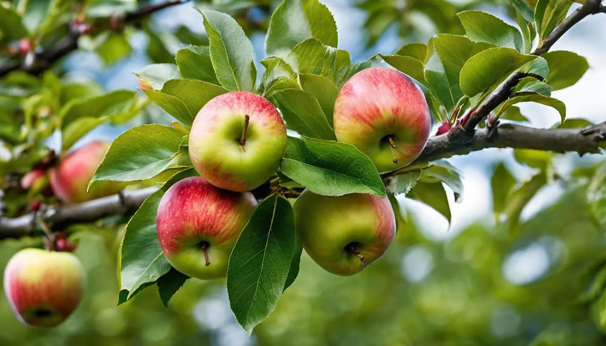 A close-up image of Fuji apple trees with healthy and vibrant green leaves, showcasing the beauty of nature's bounty.