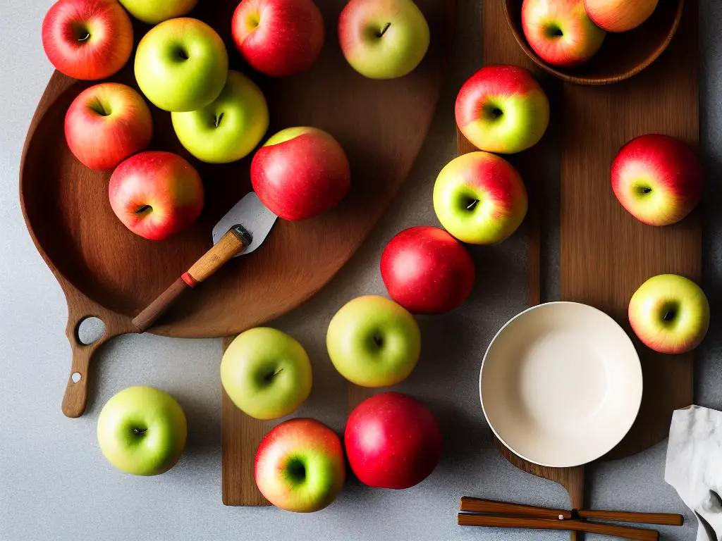 A still-life photograph of Fuji apples, a rolling pin, and a pie dish, all on a wooden table, ready for baking.