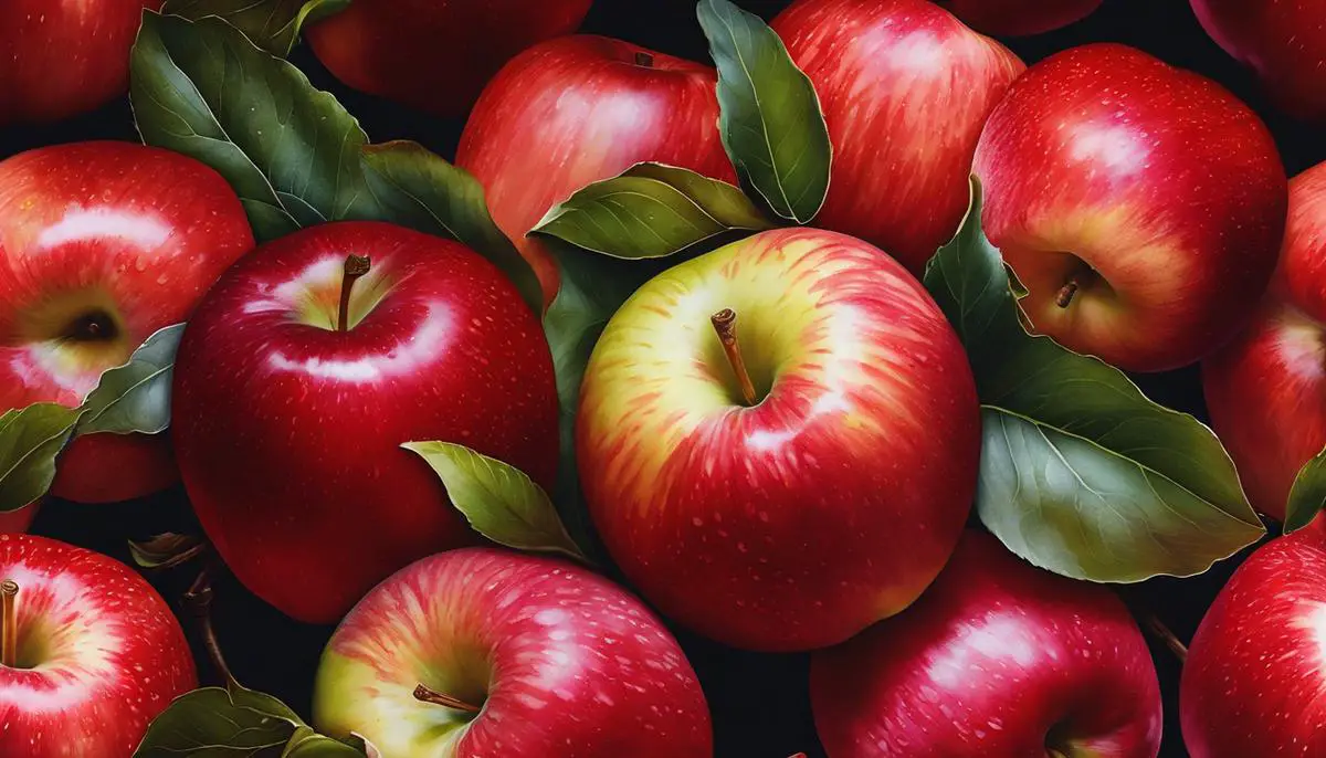 Image of Fuji apples, showcasing their captivating swirl of reds and pinks for visually impaired individuals