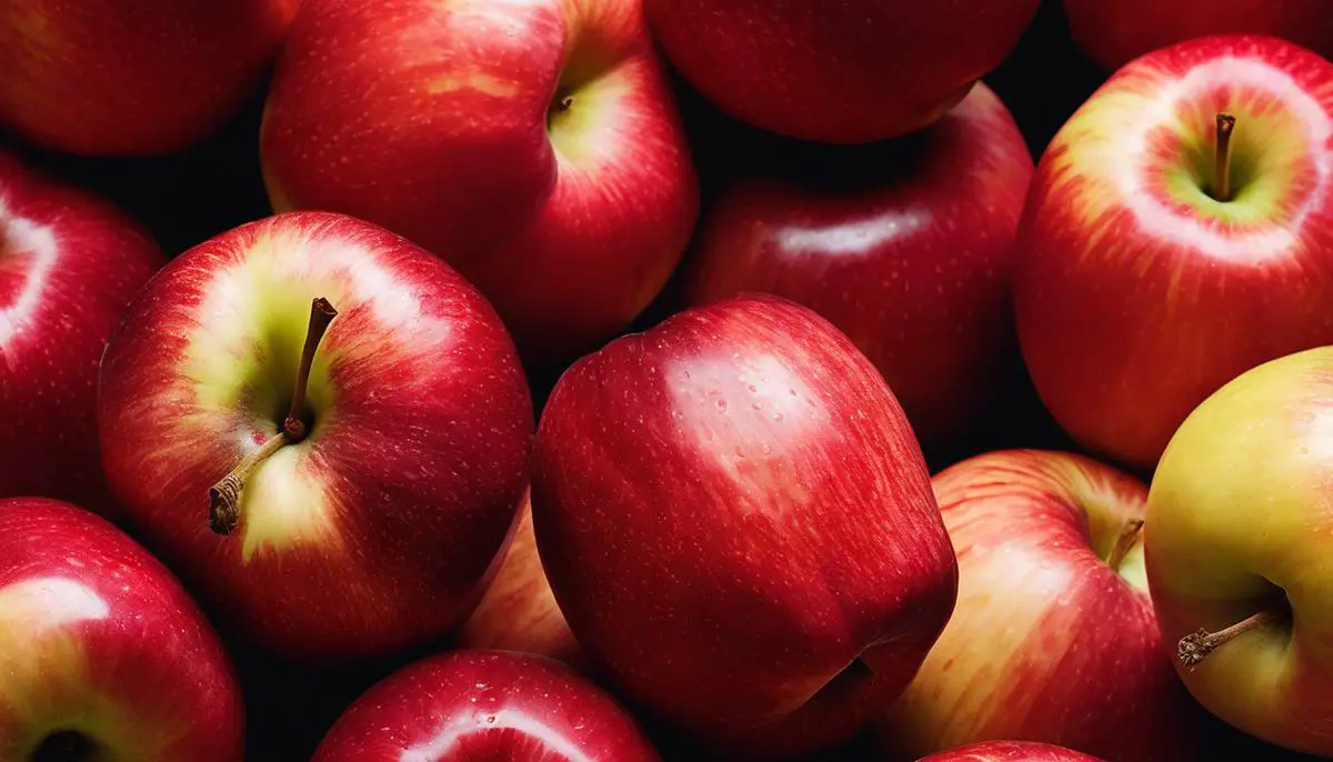 A close-up image of Fuji apples, showcasing their vibrant red skin and white flesh.
