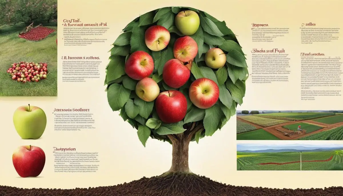 An image showing the life cycle of Fuji apples, from blossoms to harvested fruit.