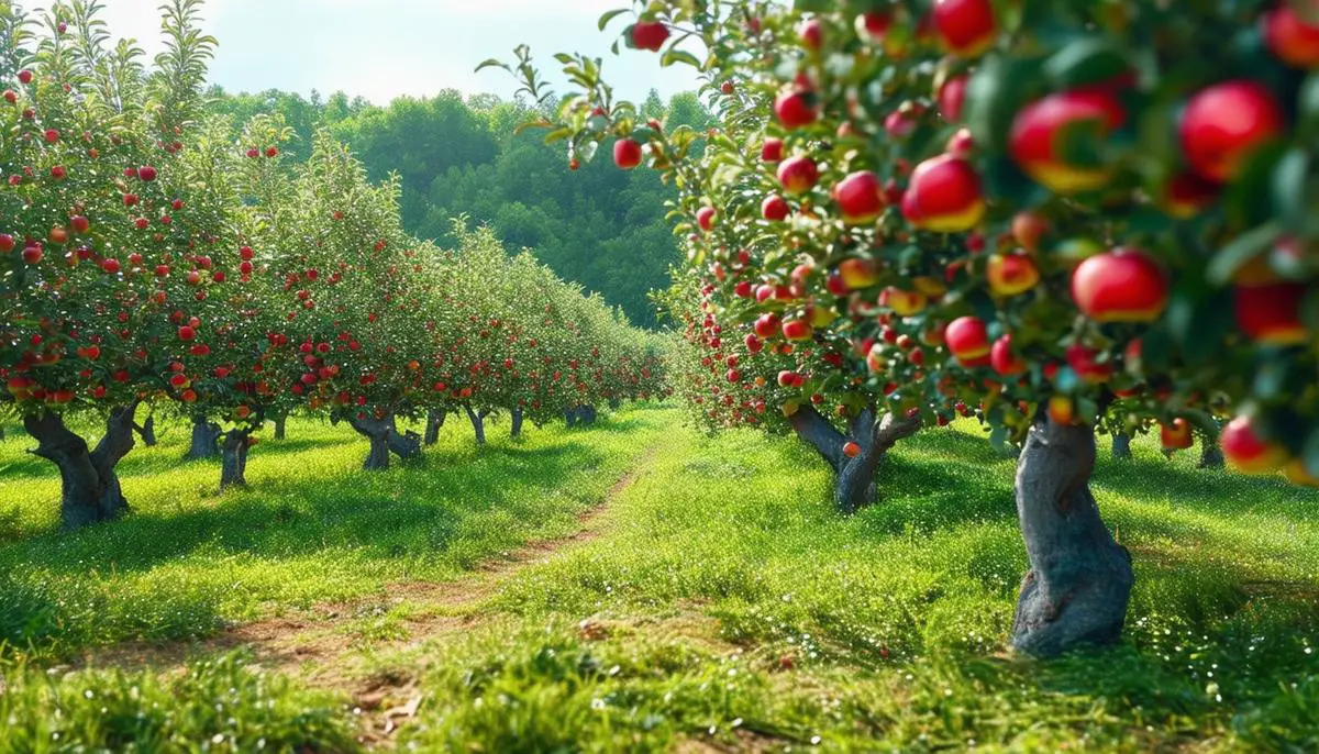 Futuristic apple orchard with advanced climate control systems and sustainable farming practices