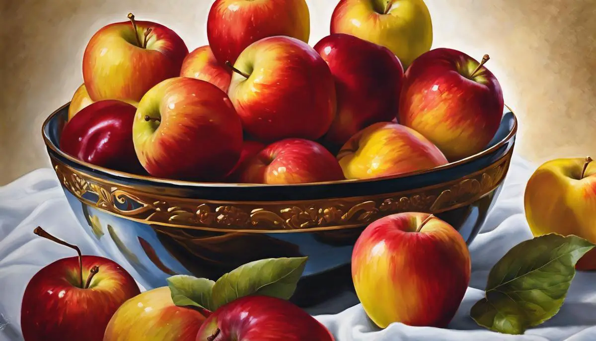 Image of a bowl of Gala apples, showcasing their vibrant red and yellow skin, inviting the viewer to indulge in their sweet and crisp taste.