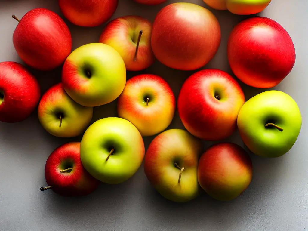 A group of Gala Apples with pale golden skin, streaks of red and orange, and a creamy pale-yellow flesh.