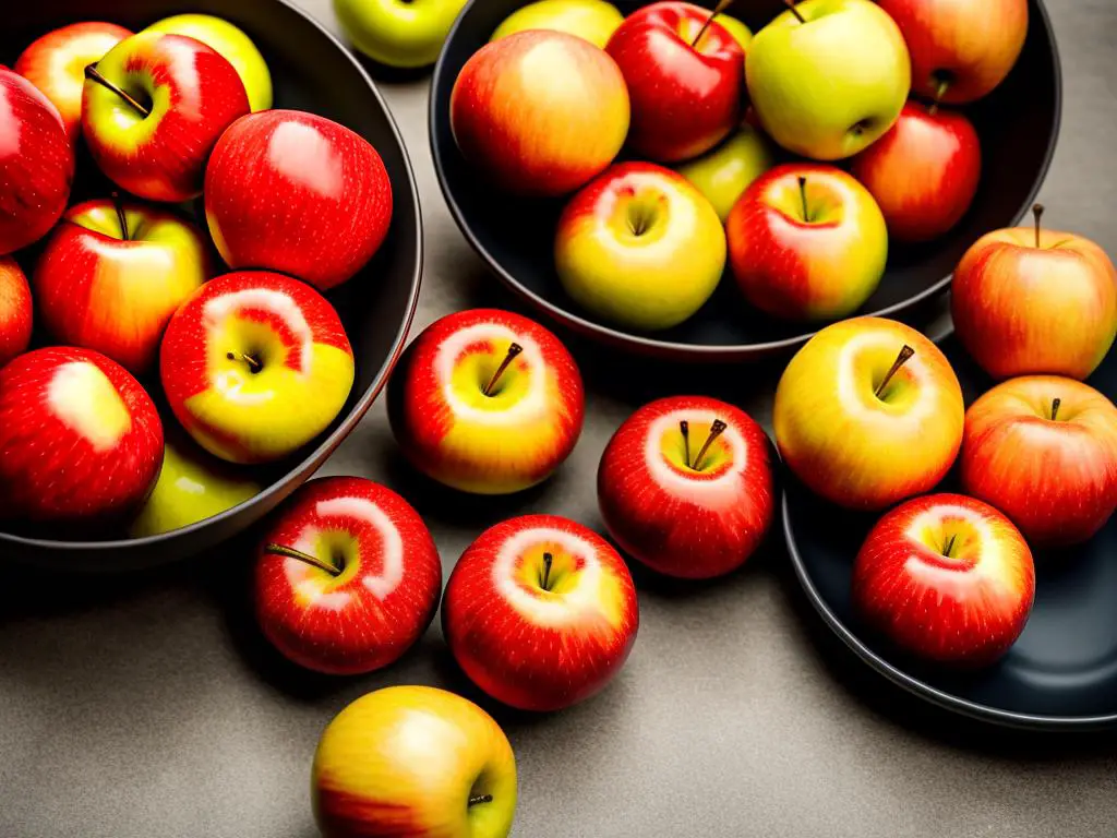 A bowl filled with rosy red and golden yellow Gee Whiz apples, showcasing their attractive color blend and appealing presence.