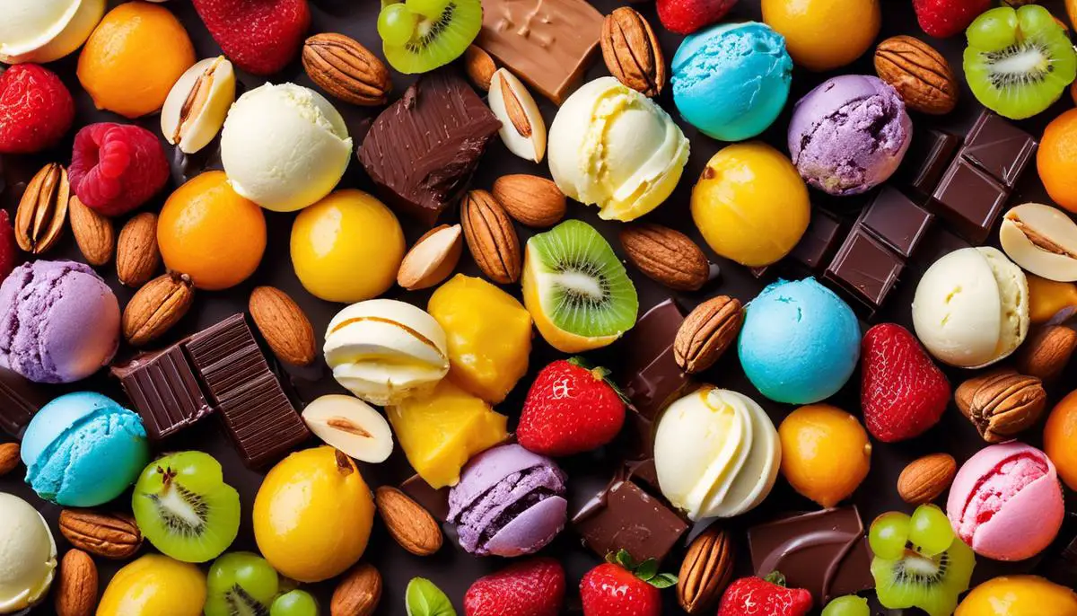 A colorful image showing a variety of gelato flavors, including fruits, nuts, and chocolate