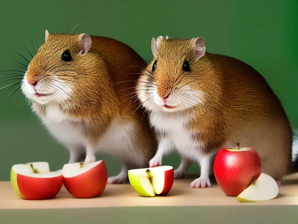 A cartoon image of a gerbil and an apple, with the gerbil happily nibbling on the apple slice while the other apples lie ready beside him.