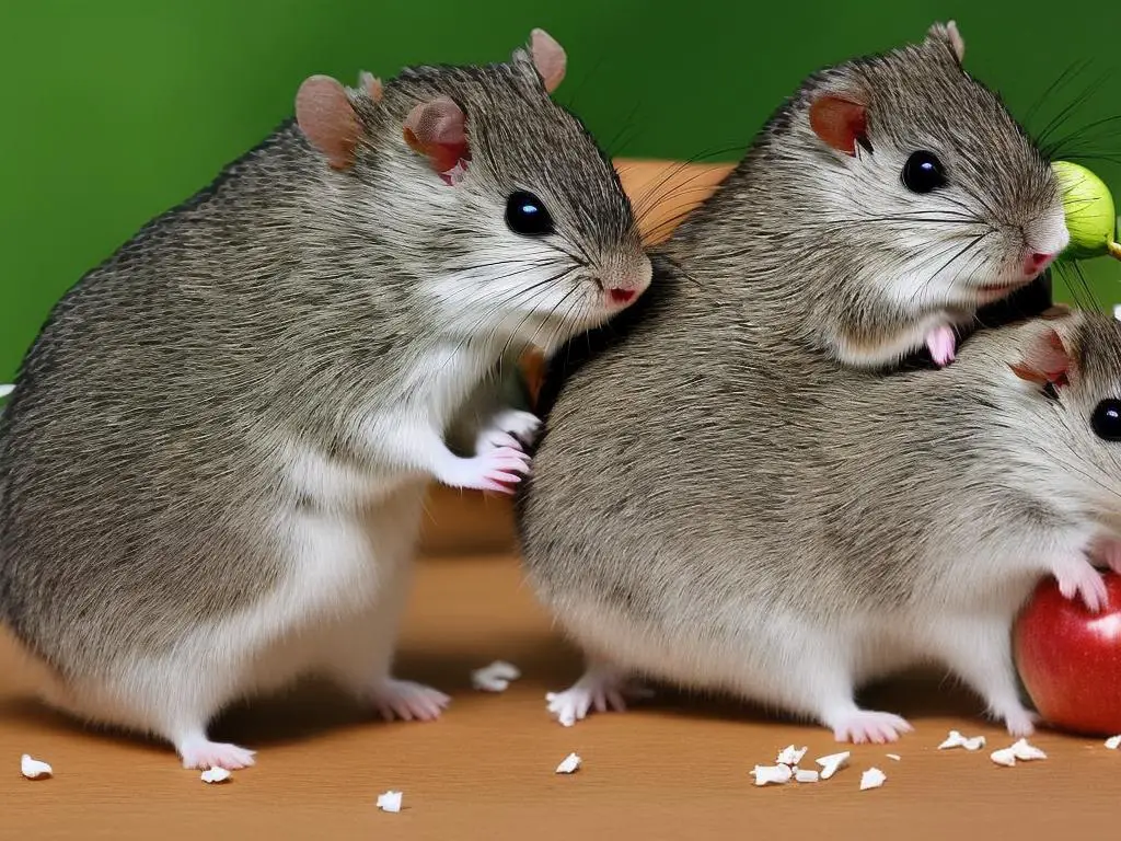 A picture of a gerbil standing on its hind legs while biting into an apple slice.