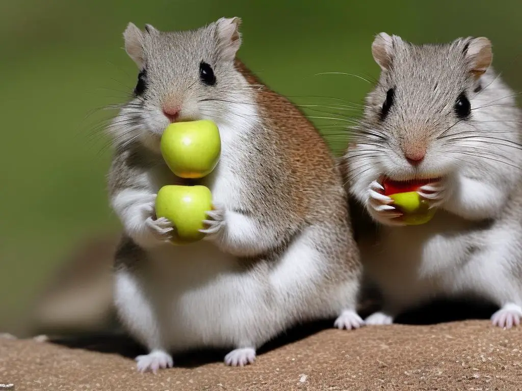 This is an image of a gerbil sitting upright and holding a small piece of apple in its two front paws. It appears to be nibbling on the piece of apple with its front teeth.