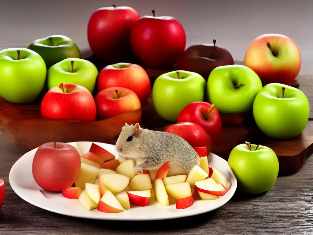 A picture of a gerbil eating an apple, surrounded by other fruits and vegetables on a plate, to depict the importance of incorporating apples in a balanced diet.