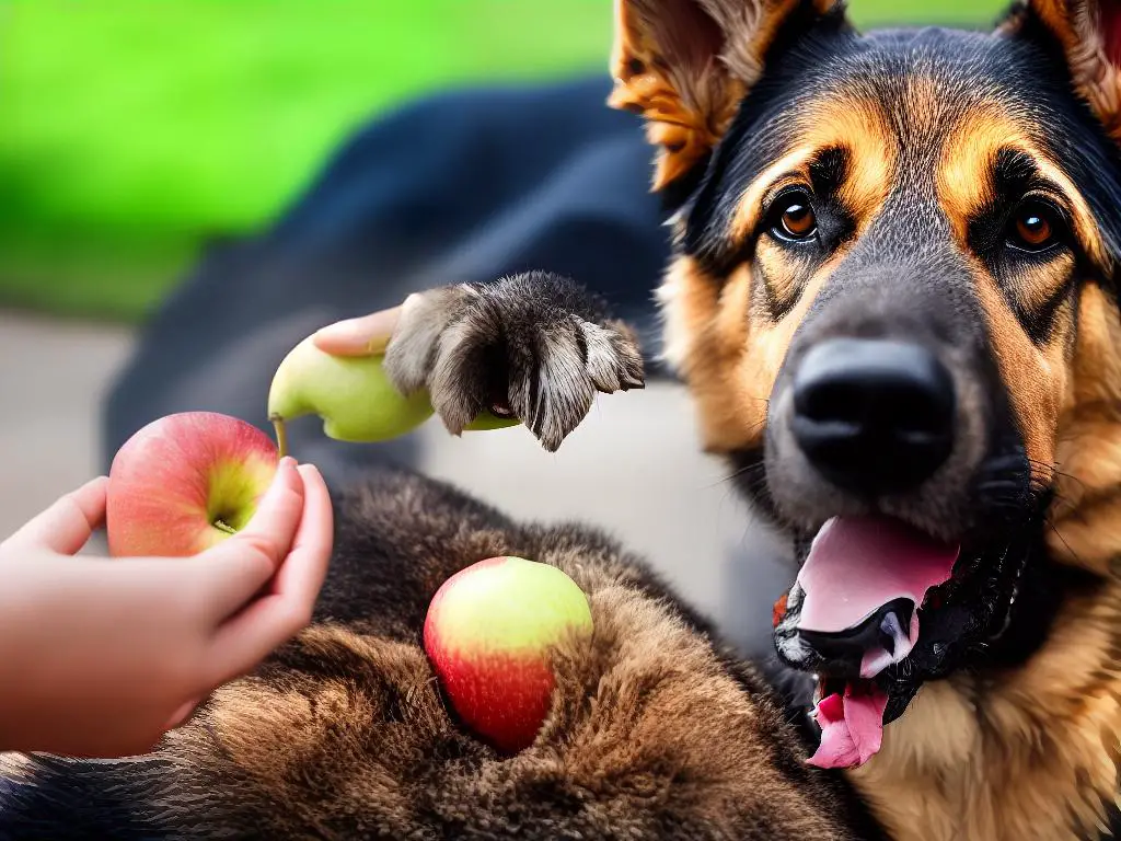 A picture of a German Shepherd eating a small slice of apple from their owner's hand. The apple slice is cut into small, bite-sized pieces to prevent choking.