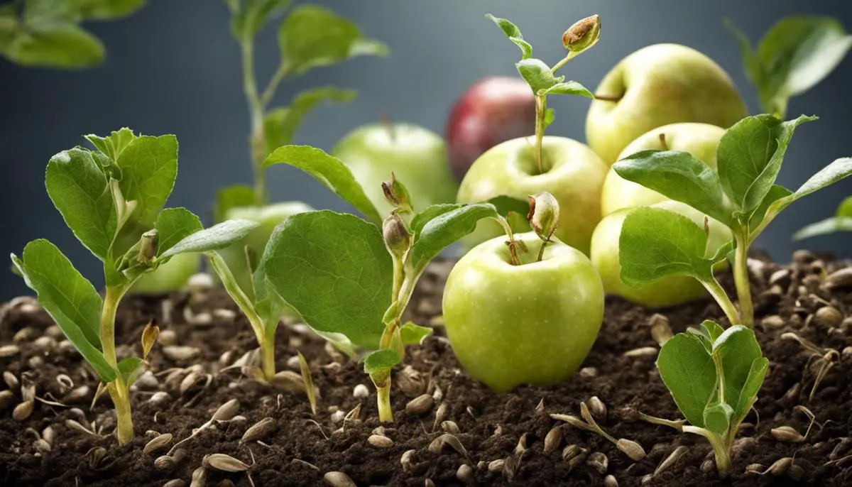 Illustration of apple seeds sprouting into seedlings