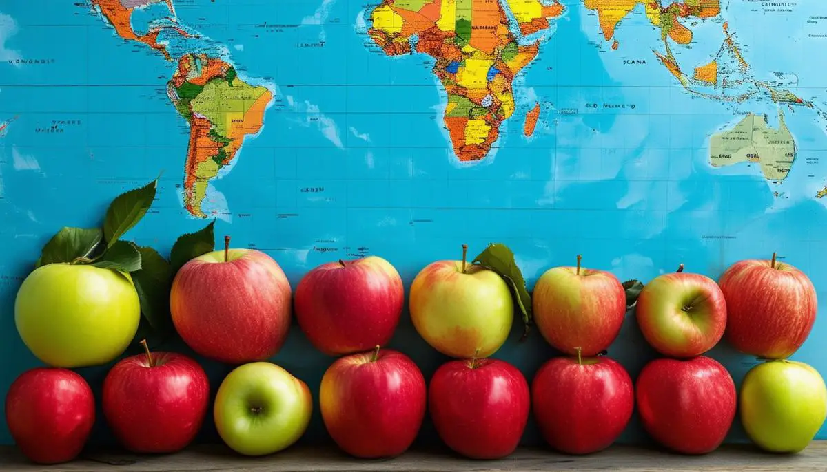 Various apples representing different countries competing in a global market