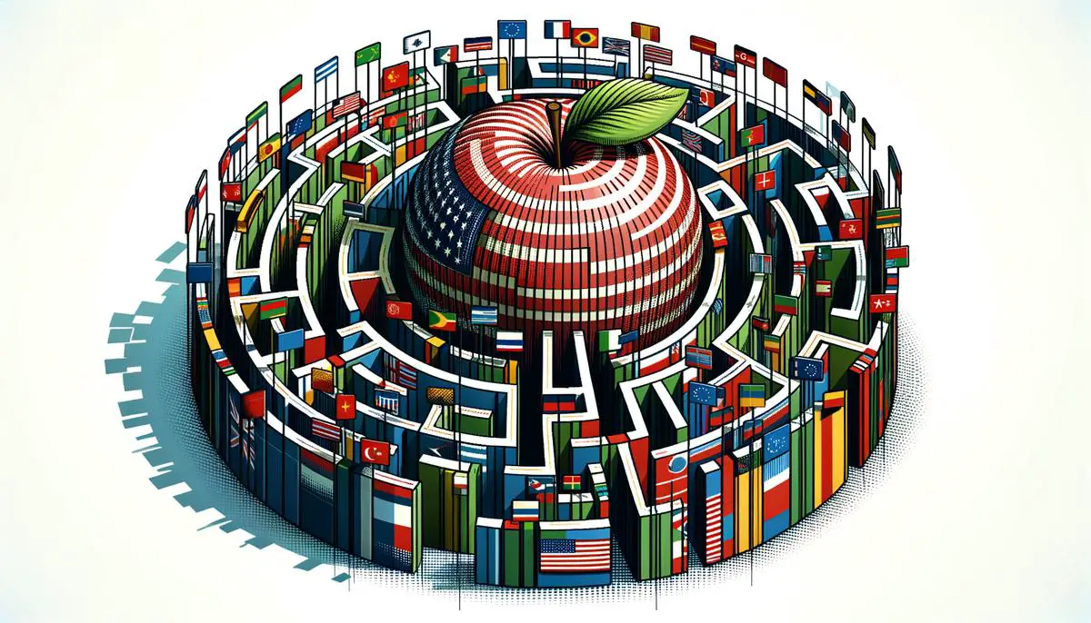 Apple logo navigating through a complex maze of global trade regulations