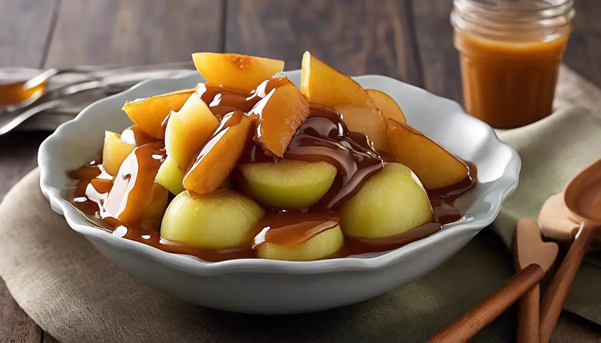 A delicious bowl of glory fried apples topped with caramel-like sauce