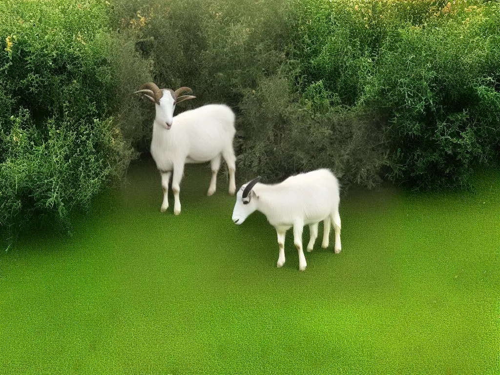 A picture of a goat eating plants.