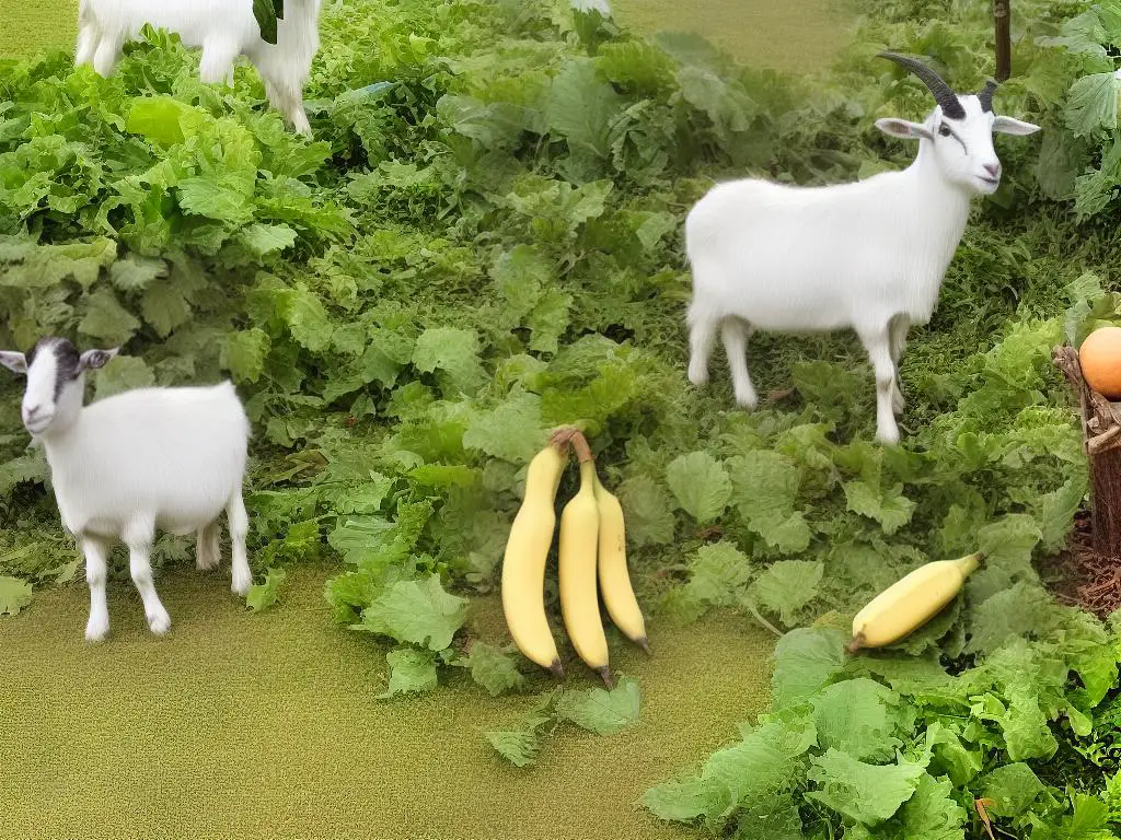 A cartoon image of a goat eating a banana and tree leaves, while other fruits and plants surround it.