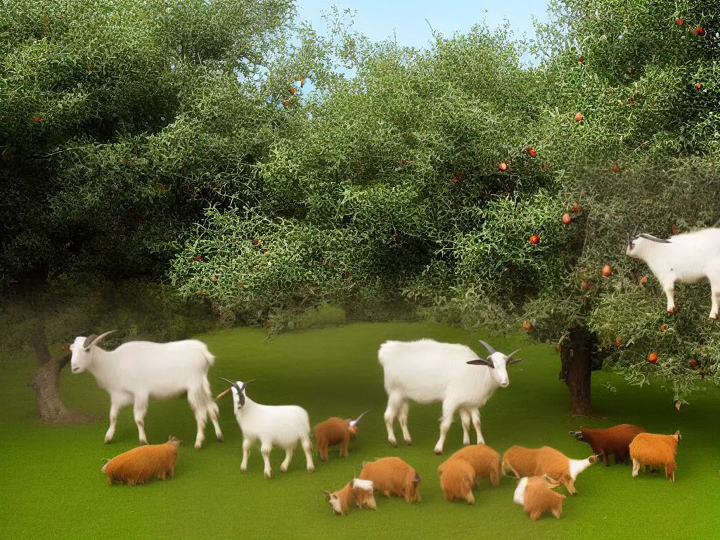 A group of goats eating crab apples from a tree.