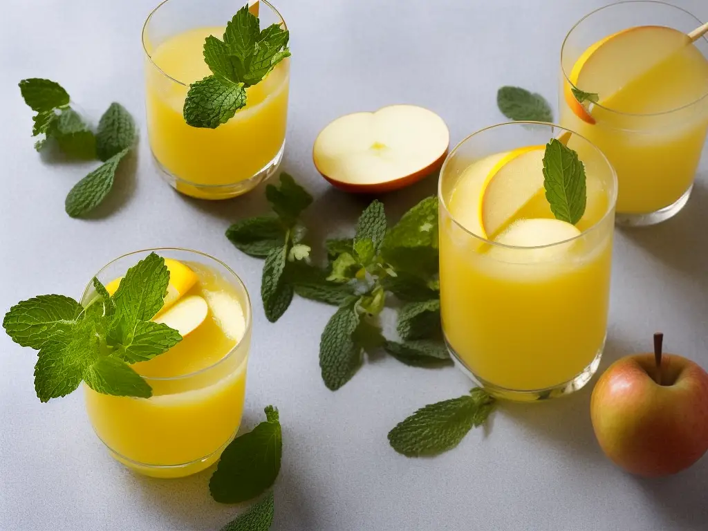 A glass of golden apple juice, smoothie and cocktail are presented on a white table decorated with a handful of golden apples and mint leaves.