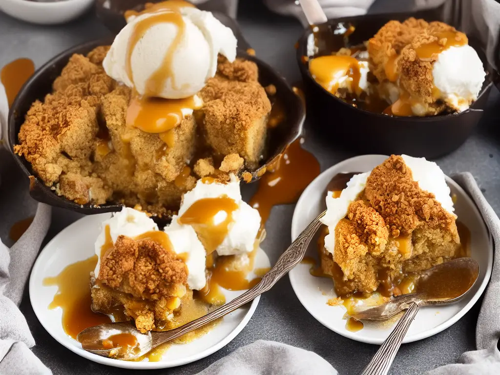 A plate with golden apple crumble, bread pudding, and a scoop of ice cream with whipped cream and caramel sauce drizzled on top.