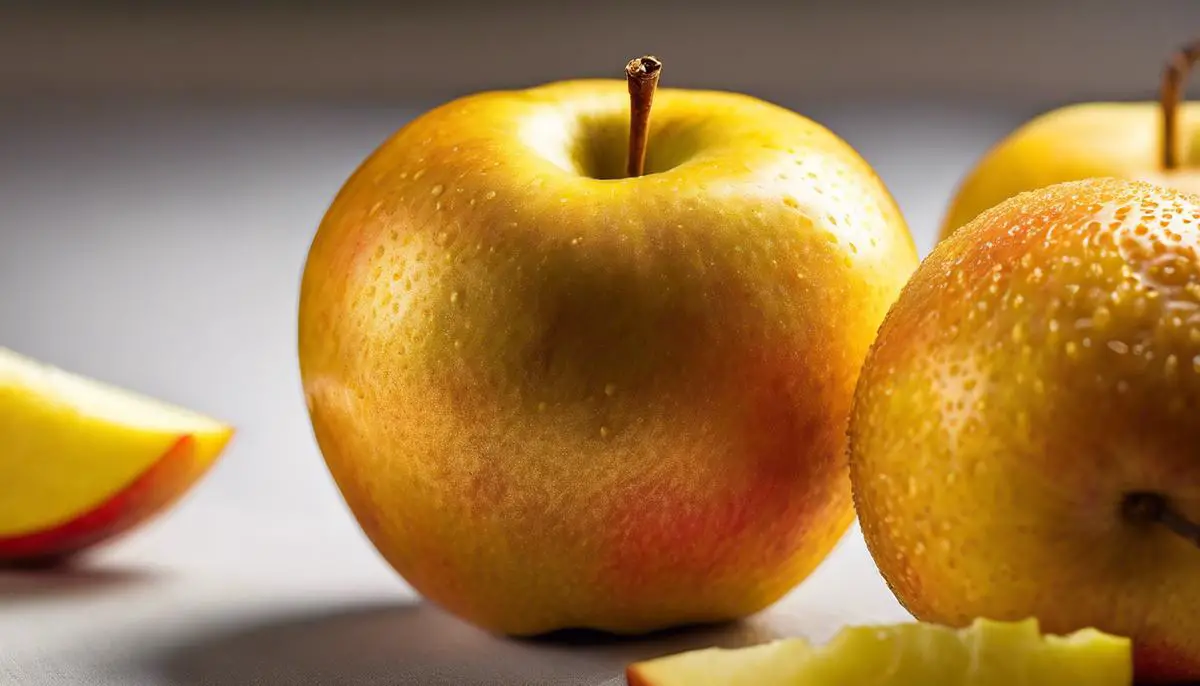 A close up image of a Golden Apple fruit. It has a smooth golden skin and a crisp pulp, with vibrant colors of pineapples, mangoes, apricots, and a hint of lemon.