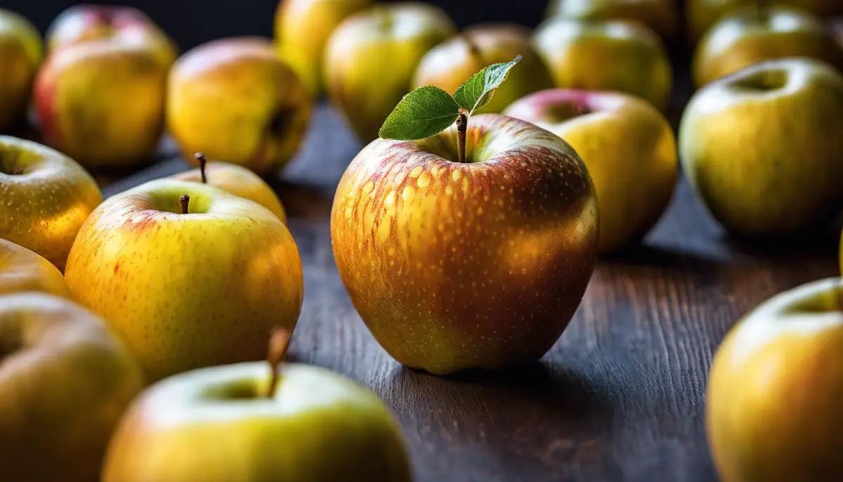 A close-up image of a golden apple fruit, showing its vibrant golden yellow color and unique texture.