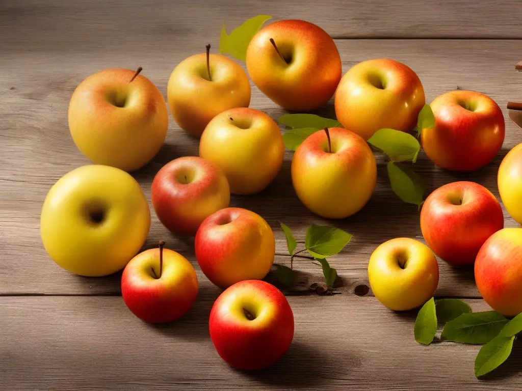 An image of different varieties of golden apples with a golden apple pie and a glass of apple cider on a wooden table.